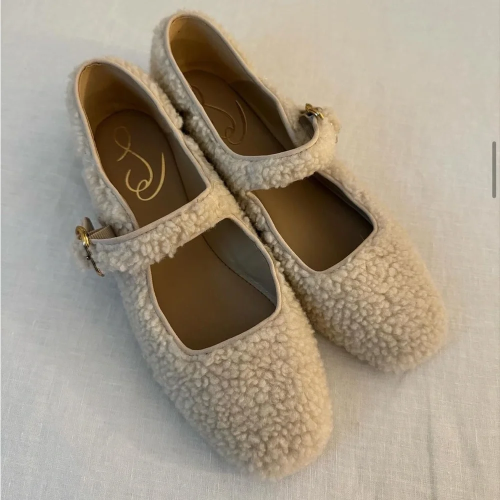 Cream Faux-Shearling Mary Jane Flats